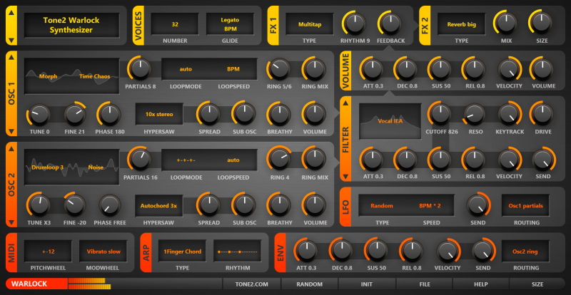 Tone2 Warlock synthesizer2 GUI